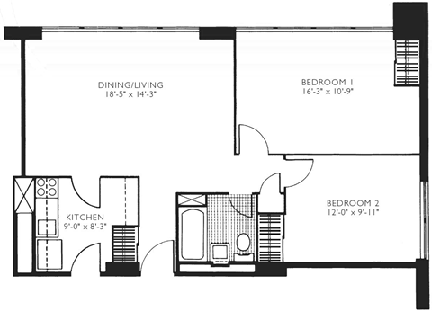 Floor plan for 2 beds, 1 bath, 752 sqft